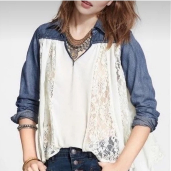 Free People Boho Western Denim Chiffon Lace V Neck Keyhole Longsleeve Medium - Picture 3 of 9